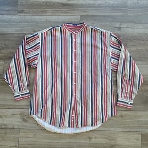 Vintage 90s Norsport Collarless Long Sleeve Shirt Red Blue Stripe XL Oversized